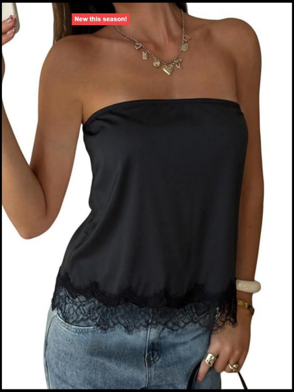 Satin Lace Trim Tube Top Strapless Sleeveless Summer Party Club Night Out
